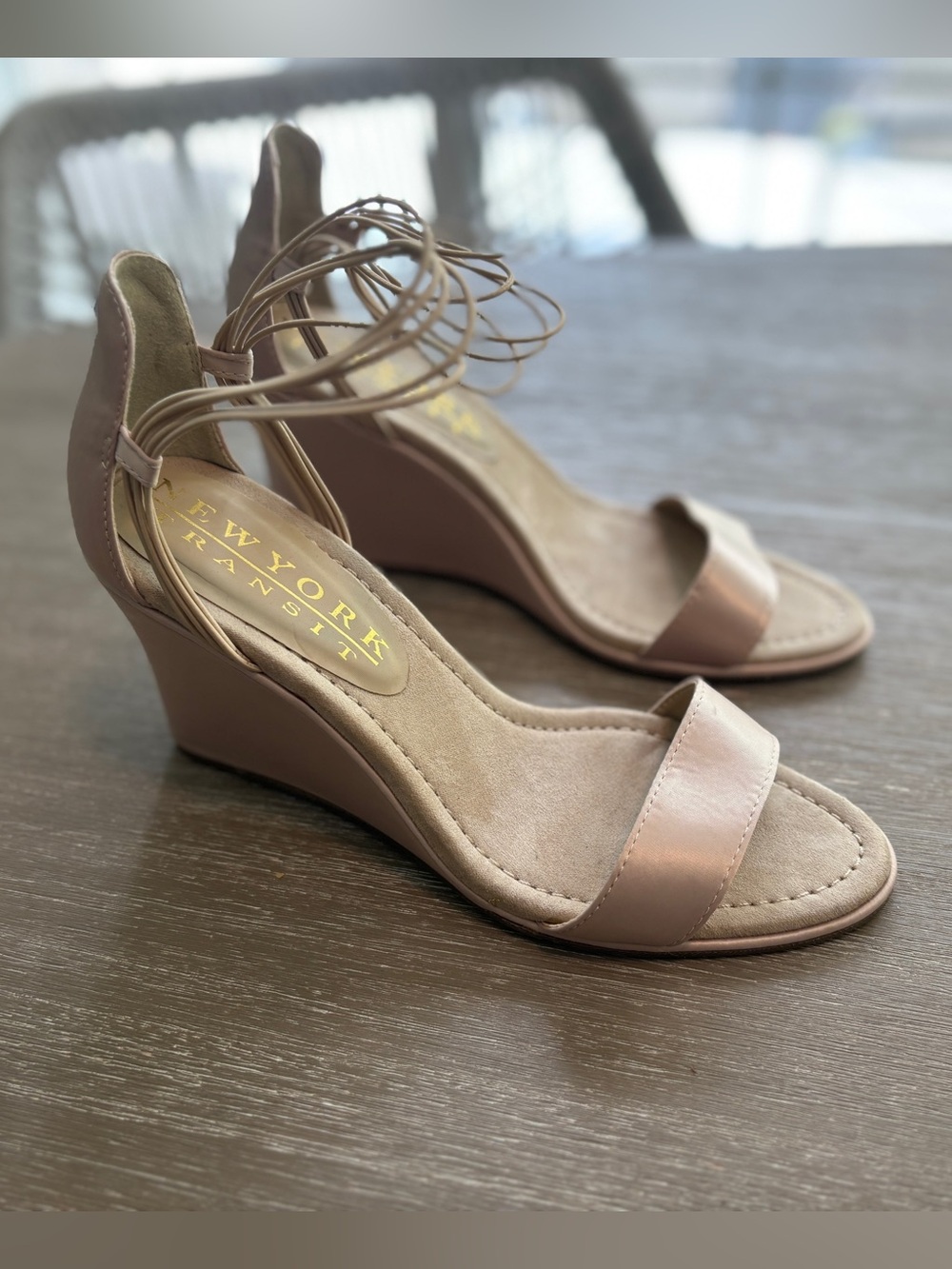 New York Transit Nude/Taupe Wedge Sandals with Ankle Wrap